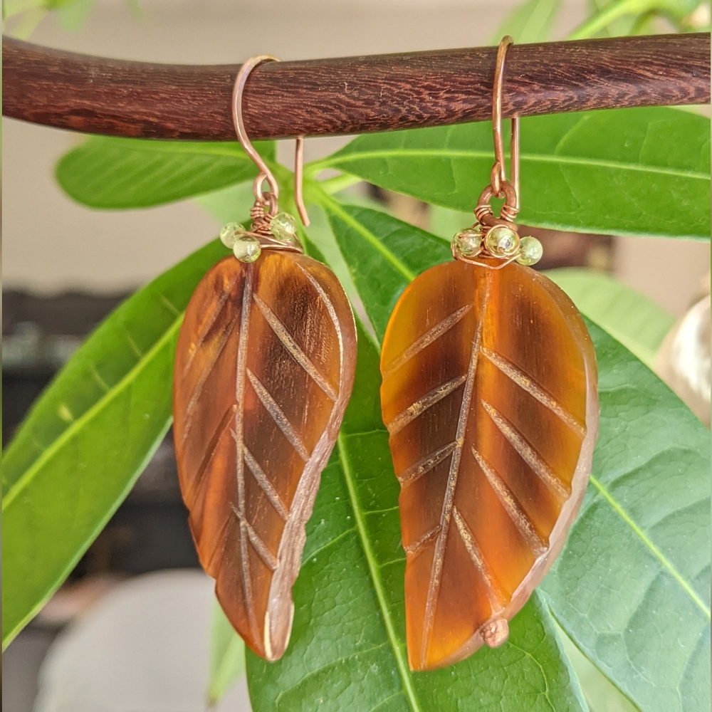 Artisan Autumn Leaf Earrings Carved Horn Hand Wrapped In Solid Copper - Picture 4 of 16